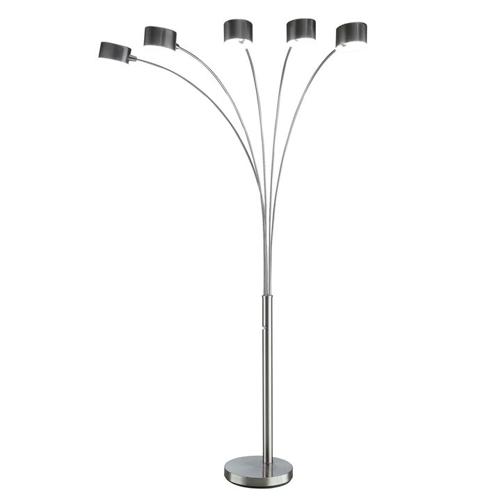 5 Arm Arched Floor Lamp, 84 Inch Chrome Metal Sleek Stem, Round Base - Benzara