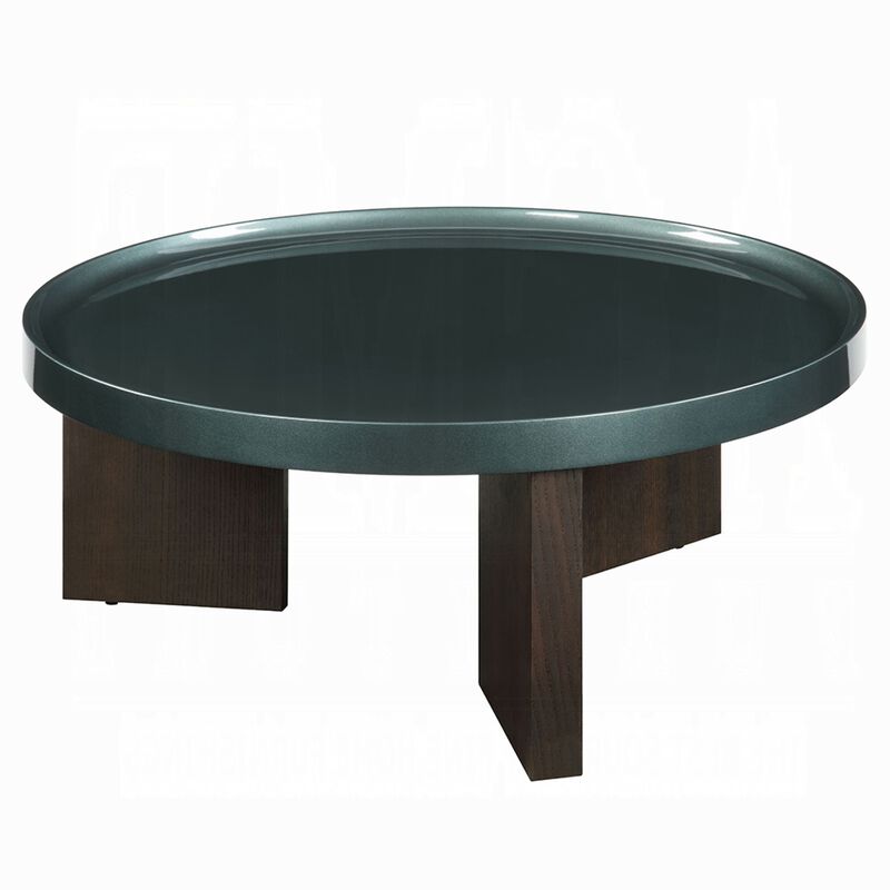 Lexy Coffee Table, 35 Inch Round Top, Low Profile High Gloss Blackish Green image number 3