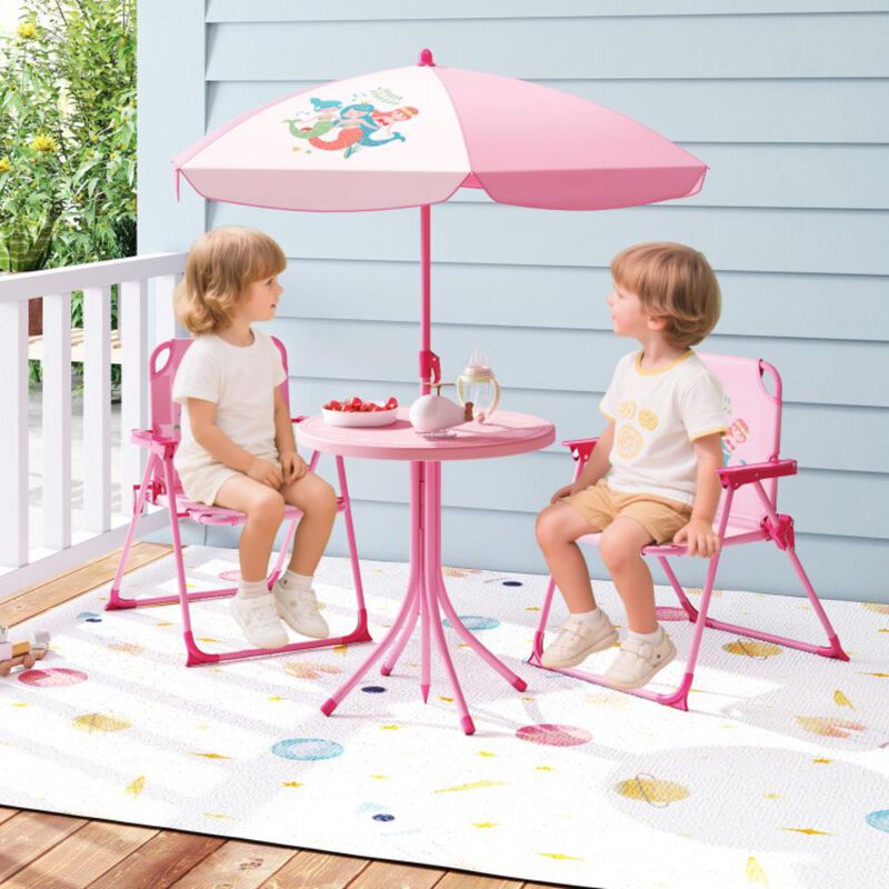 Hivvago 4 Pieces Kids Picnic Set with 2 Folding Chairs and Height Adjustable Umbrella