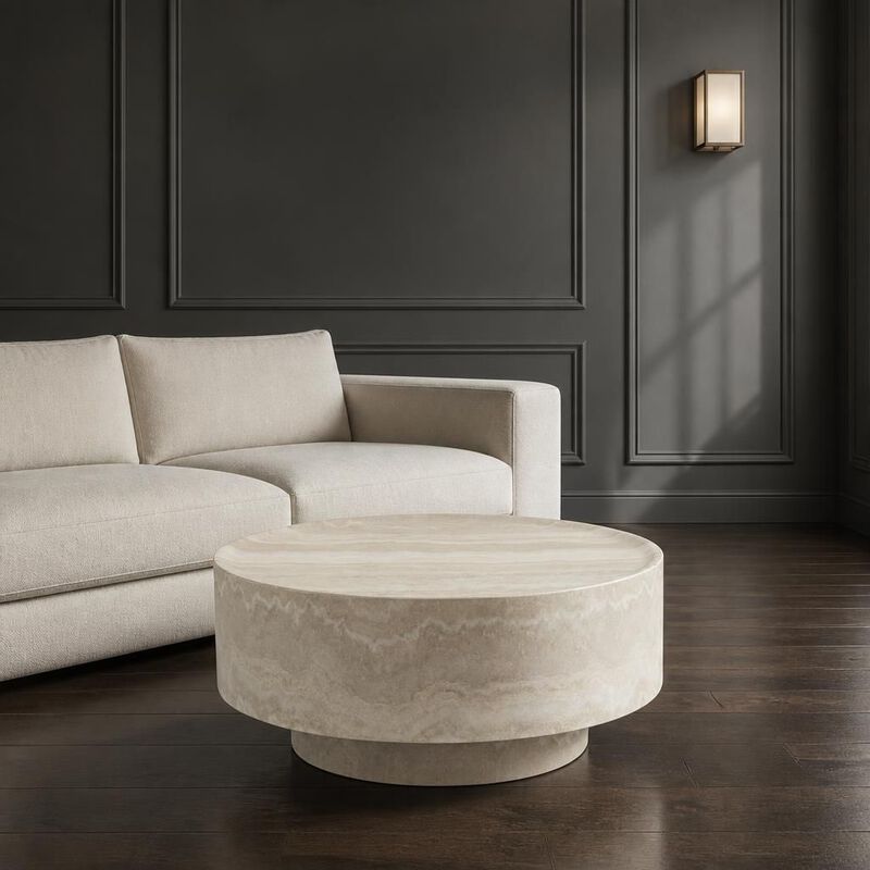GOODSILO Round 31.5 Inch Mars Vein Marble Effect Drum Coffee Table, Living Room Statement Accent Furniture For Family Gatherings And Cozy Relaxation image number 3
