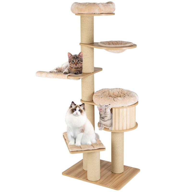 Modern Tall Cat Tree Tower with Scratch Posts and Washable Mats-Beige image number 0