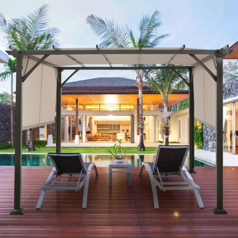 Hivvago Modern 10 x 10 Ft Heavy Duty Metal Frame Pergola Gazebo with Beige Canopy