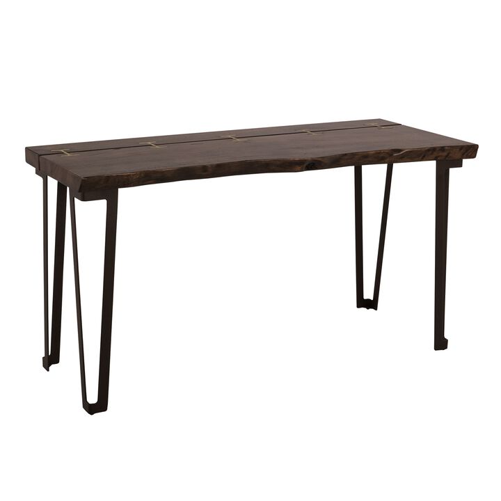 Ally Sofa Console Table, Gold Metal Inlays, Brown Parota Wood, 55 Inch