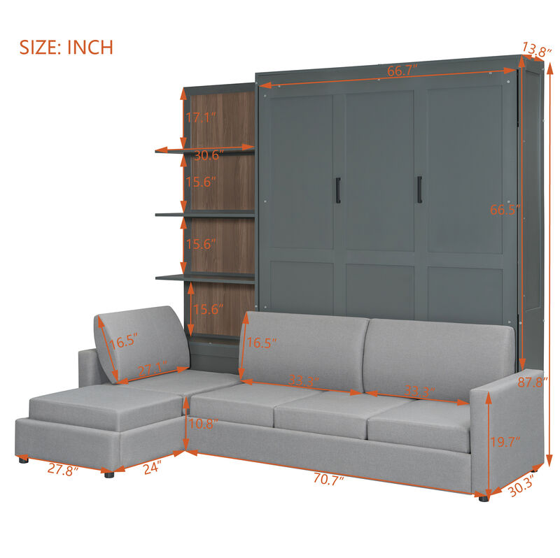 Whisen Queen Size Murphy Bed Wall Bed with Sofa and Shelves