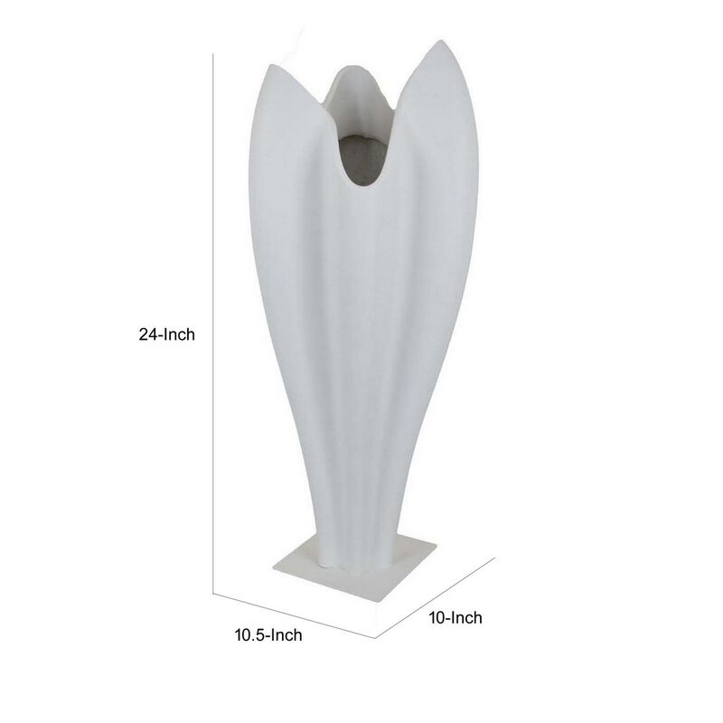 24 Inch Accent Vase, Tulip Design, Square Base, Modern White Resin Finish - Benzara