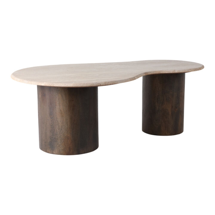 48x16 Curvy Travertine Top Coffee Table, Bwn 2bxs