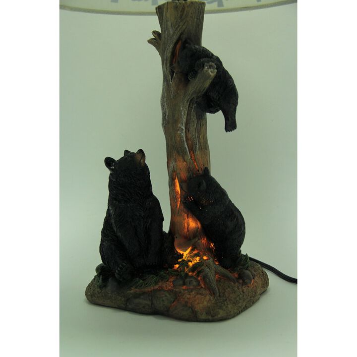 Playful Black Bears Climbing Pine Tree Rustic Table Lamp With Nightlight Base