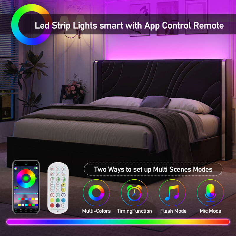 Merax Modern Upholstered LED Bed Frame with Storage Drawers