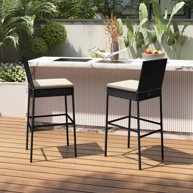 Hivvago Patio Wicker Barstools Set of 2 with Footrest and Backrest for Backyard