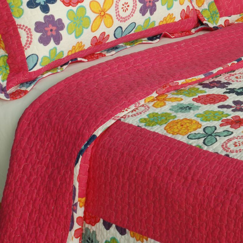 Queen Size Cotton 3-Piece Vermicelli Quilted Printed Quilt Set with Shams - Pink image number 4