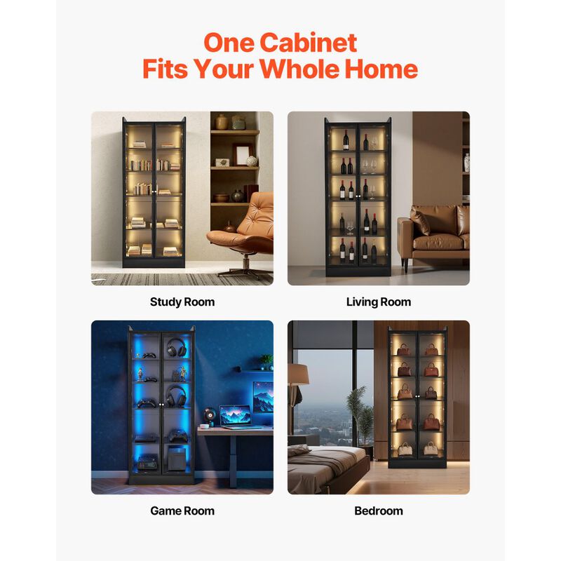 Lighted Display Cabinet with Glass Doors, 5-Tier Curio Bookcase with 2 Adjustable Shelves-Black image number 8