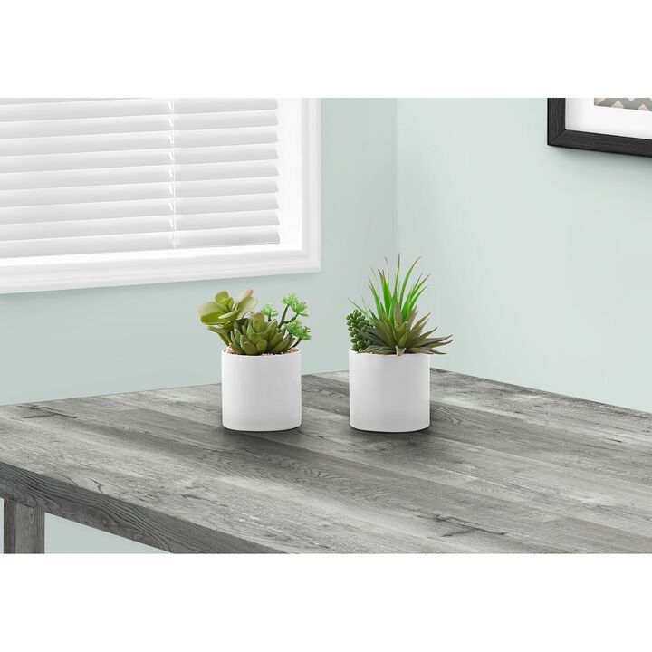 Monarch Specialties I 9588 - Artificial Plant, 7" Tall, Succulent, Indoor, Faux, Fake, Table, Greenery, Potted, Set Of 2, Decorative, Green Plants, White Ceramic Pots