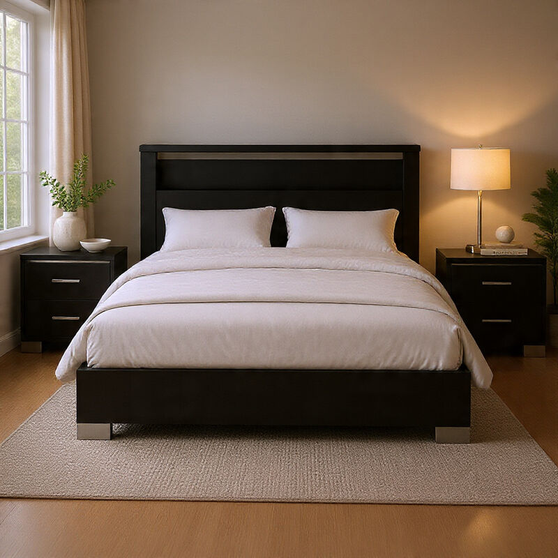 Queen Bedroom Set, Black, Chrome Wood, 3 Piece Set with 2 Nightstands image number 1
