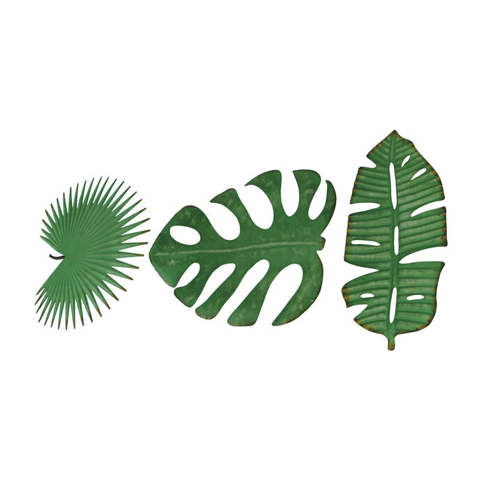 Set / 3 Antiqued Green Metal Tropical Leaf Wall Hanging Palmetto Monstera Banana