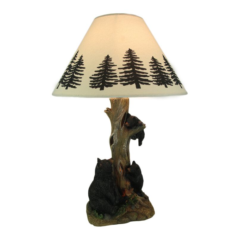 Playful Black Bears Climbing Pine Tree Rustic Table Lamp With Nightlight Base image number 0