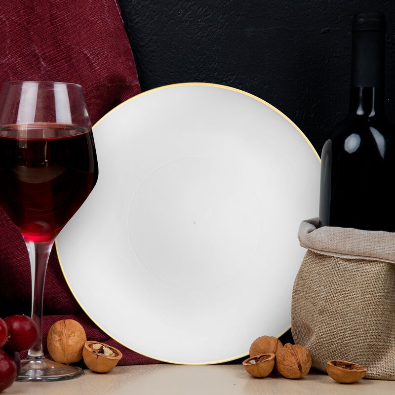 10.25" White with Gold Rim Organic Round Plastic Dinner Plates (120 Plates) image number 8