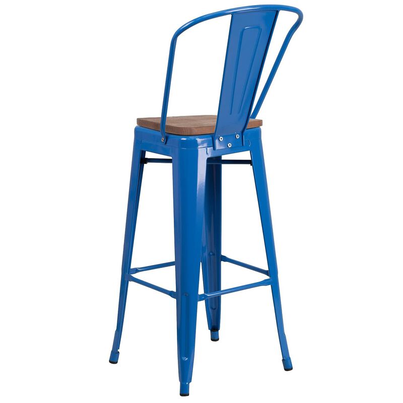 Flash Furniture Lily 30" High Blue Metal Barstool with Back and Wood Seat