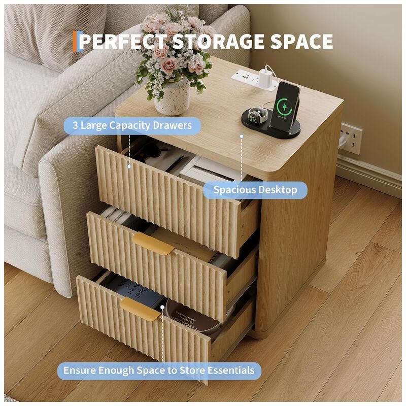 Fluted Nightstand with Charging Station, Bedside Table with 3 Drawers and Open Storage Space, Mid Century Modern End Table, Natural Color 1pcs image number 4