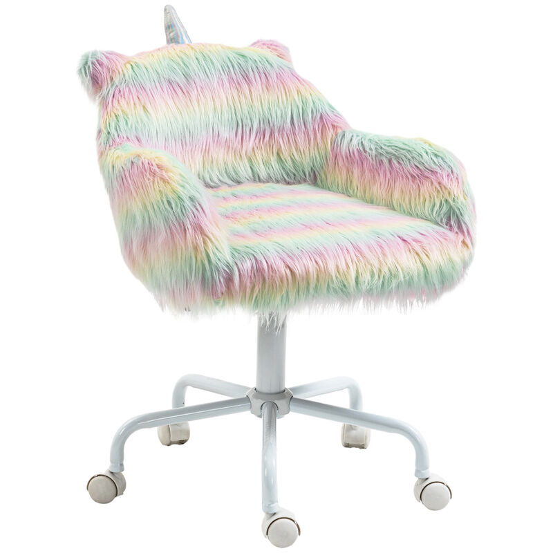 HOMCOM Fluffy Unicorn Office Chair with Mid-Back and Armrest Support, 5 Star Swivel Wheel White Base, Rainbow