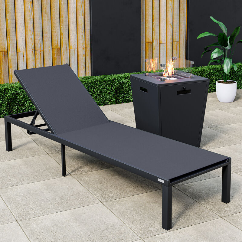 LeisureMod Marlin Modern Black Aluminum Outdoor Patio Chaise Lounge Chair in Black Frame with Square Fire Pit Side Table