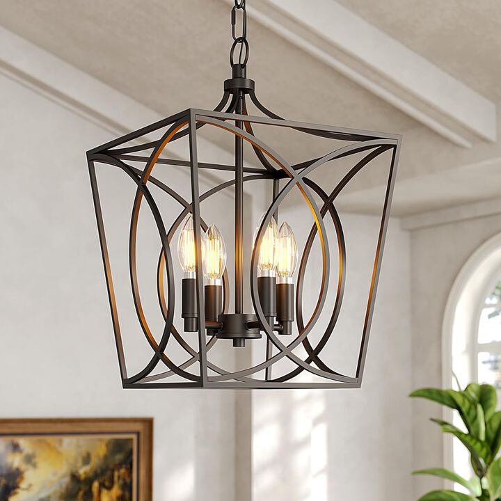 Gold Four-Light Geometric Cage Pendant Light, Farmhouse Chandelier