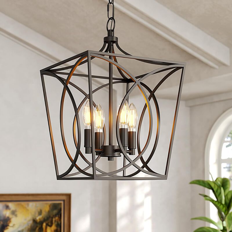 Gold Four-Light Geometric Cage Pendant Light, Farmhouse Chandelier image number 1