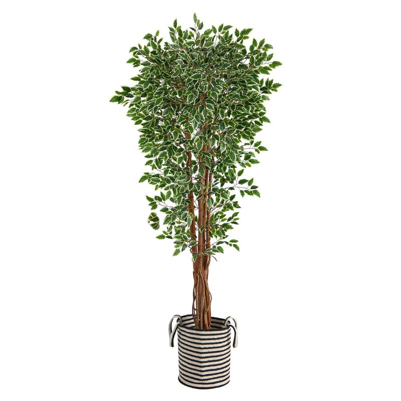 Nearly Natural 70-in Ficus Tree in Black-White Jute Basket UV(Indoor/Outdoor)