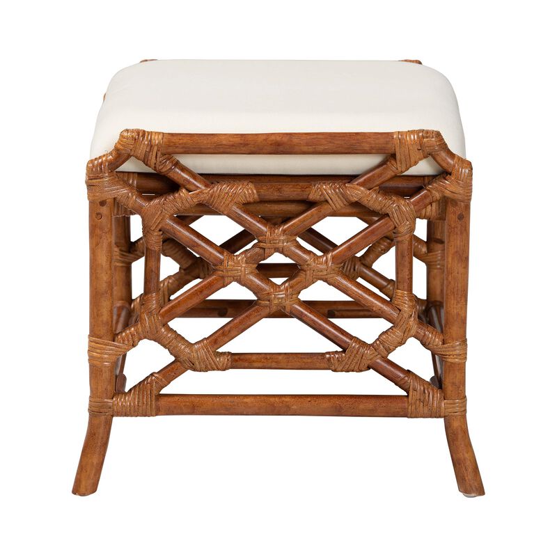 bali & pari Morley Marbled Tortoise Natural Rattan Ottoman - Handcrafted Accent Footstool with Decorative Frame, Coastal Tropical Style for Living Room image number 3