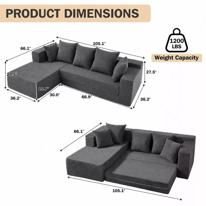 Vipbear 105" Corduroy Modular L-Shaped Sectional Sleeper Sofa Bed with Pull-Out Bed, Boneless Couch