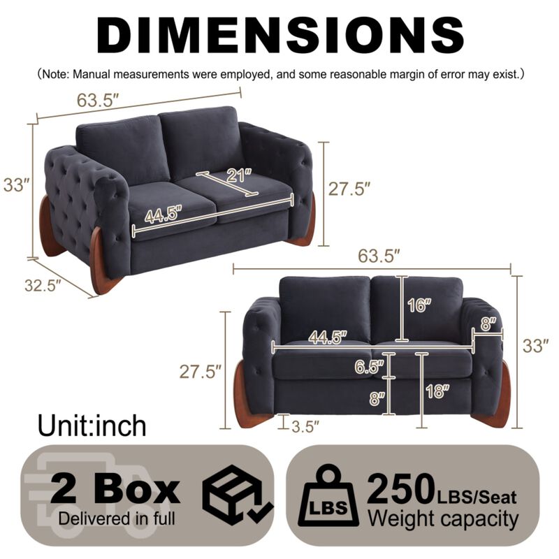 Zagrek Mid‑Century Modern Button Tufted Velvet Loveseat image number 9