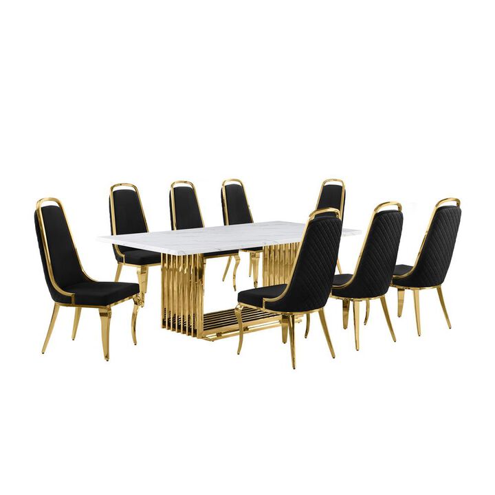 9pc Large(79") marble top dining set with gold base and 8 Black side chairs