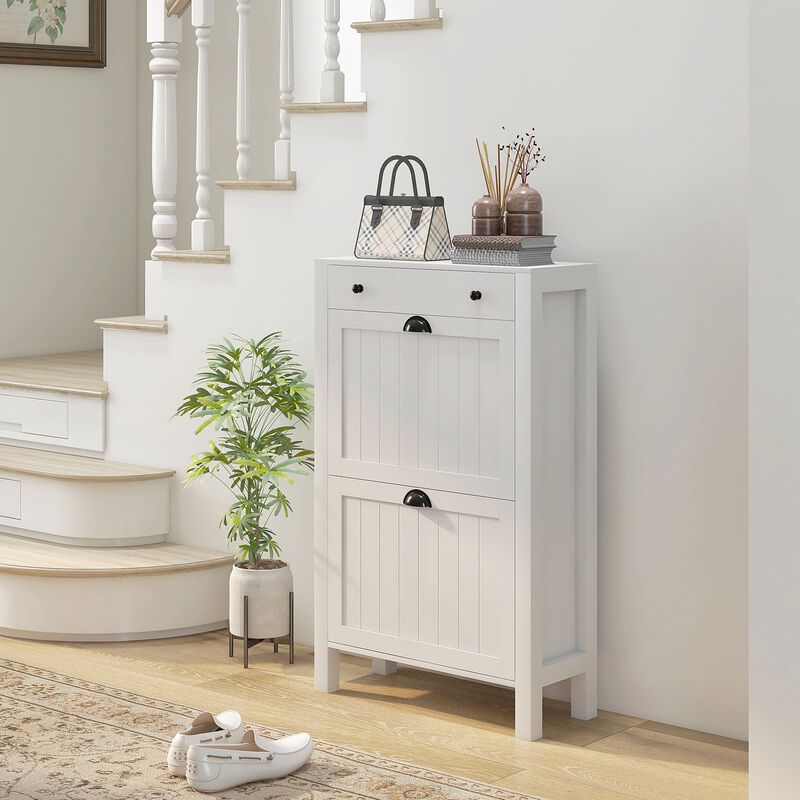 White Shoe Cabinet: 8-Pair Capacity, Freestanding, for Entryway