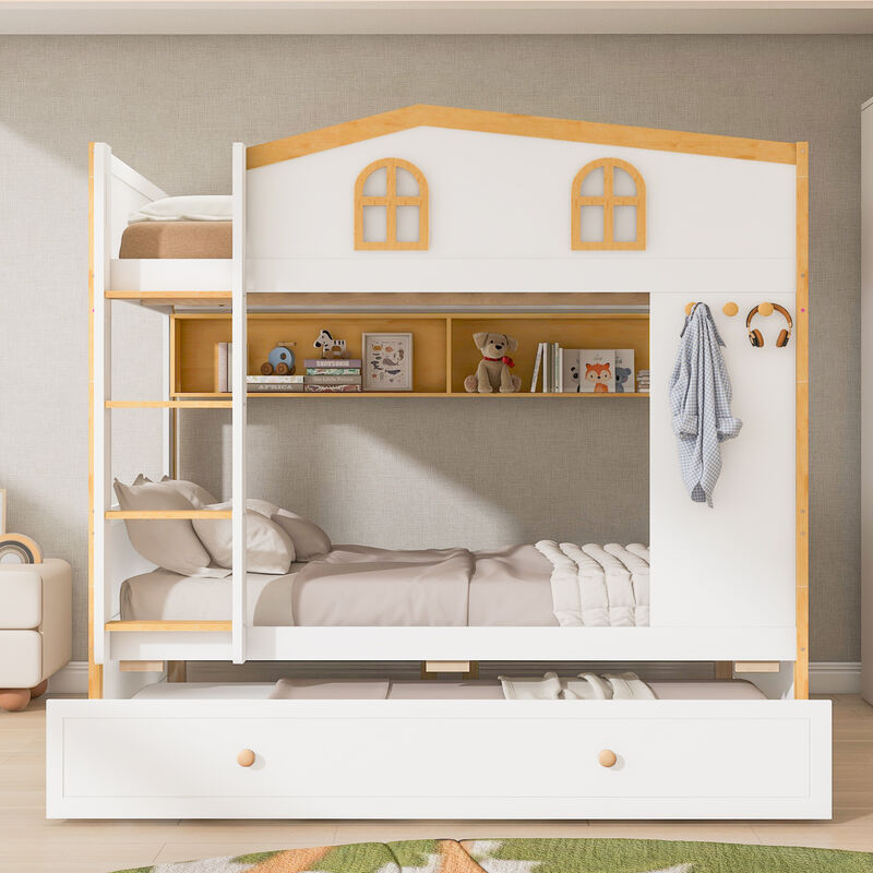 Merax House-Shaped Bunk Bed with Storage Shelves, Side Hooks & Pull-Out Trundle image number 3