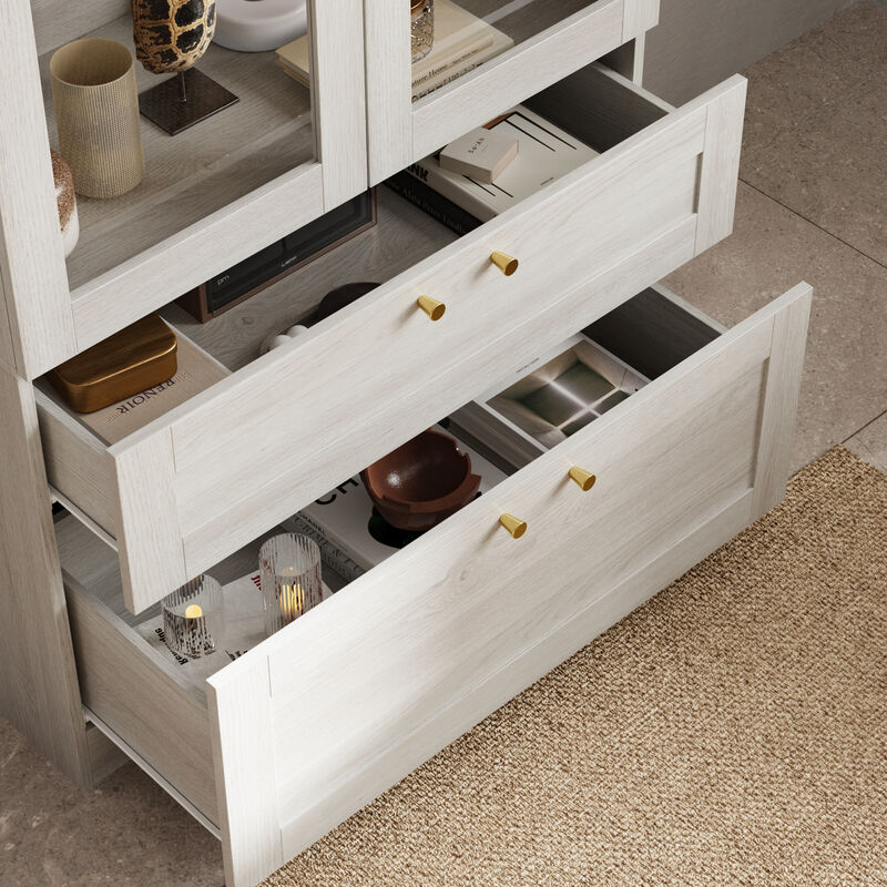 FUFU&GAGA Modern White Bookcase with Adjustable Shelves and Spacious Storage (31.5" W x 70.9" H x 15.7" D), Wood Grain Finish with Brass Pull Handles