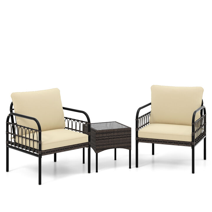 3 Pieces Patio Wicker Conversation Set with Cushions and Tempered Glass Coffee Table-Beige