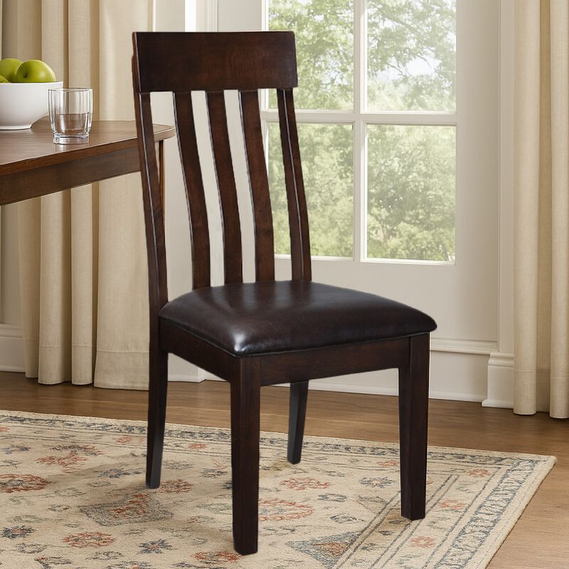 Hado Dining Chair Set of 2, Dark Brown Faux Leather Seat, Slatted Back - Benzara