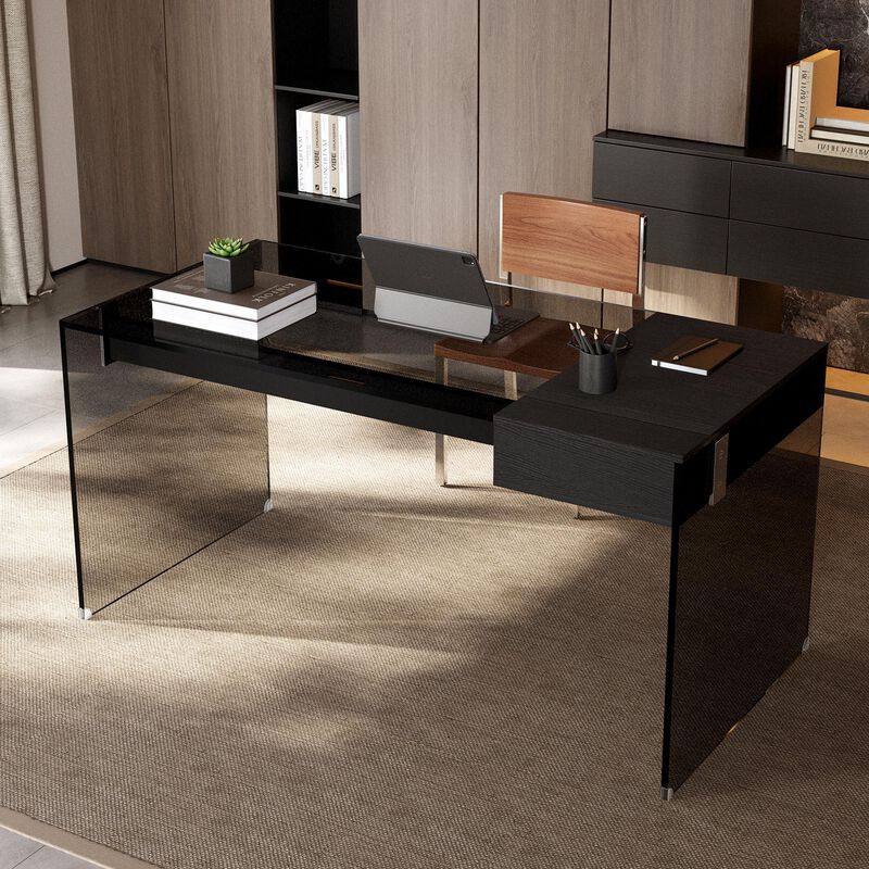 Dark Tempered Glass Writing Desk with Wooden Drawer 53.14"