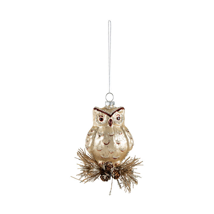 Mercury Glass Owl Ornament with Glitter Pinecones, Cream & Brown