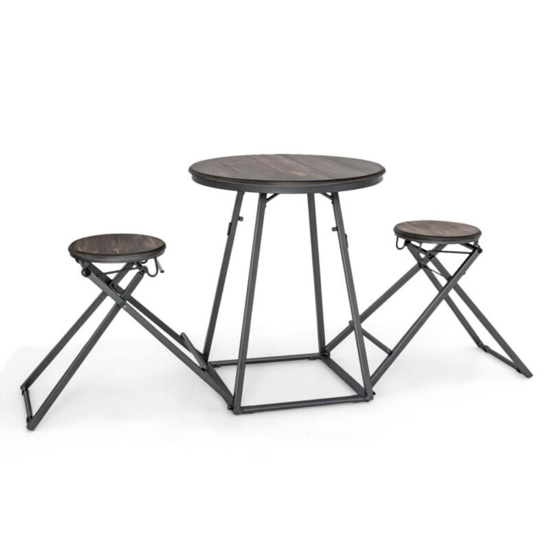 Hivvago 3 Pieces Dining Table Set with 2 Foldable Stools for Small Space-Gray