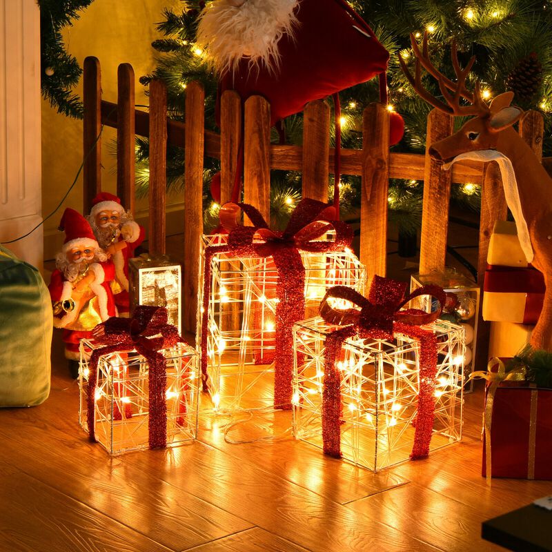 3 Pieces Christmas Lighted Gift Boxes Decorations with 60 LED Lights for Indoor and Outdoor image number 1