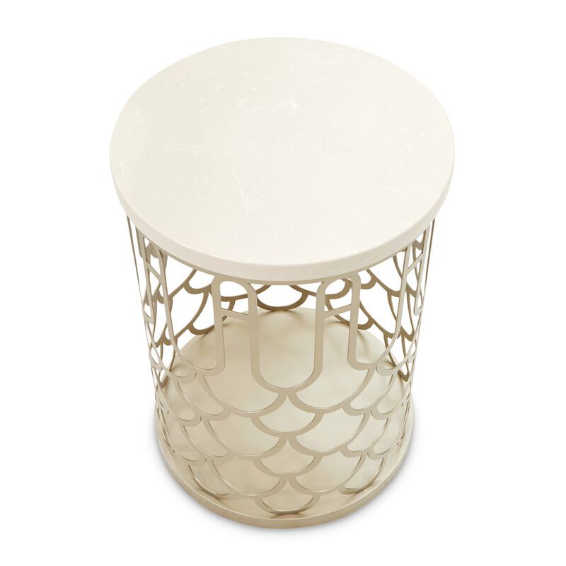 Michael Amini La Marisia Marble Chairside Table - Creamy Pearl/Champagne