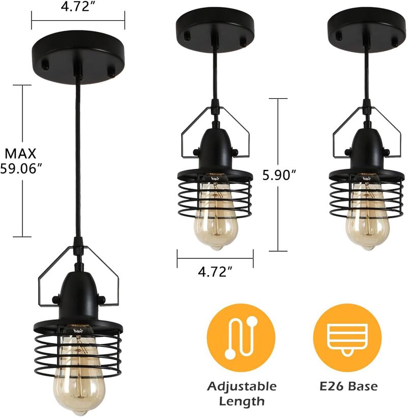 Industrial Pendant Light Vintage Hanging Ceiling Lamp for Kitchen, Dining & Living Room