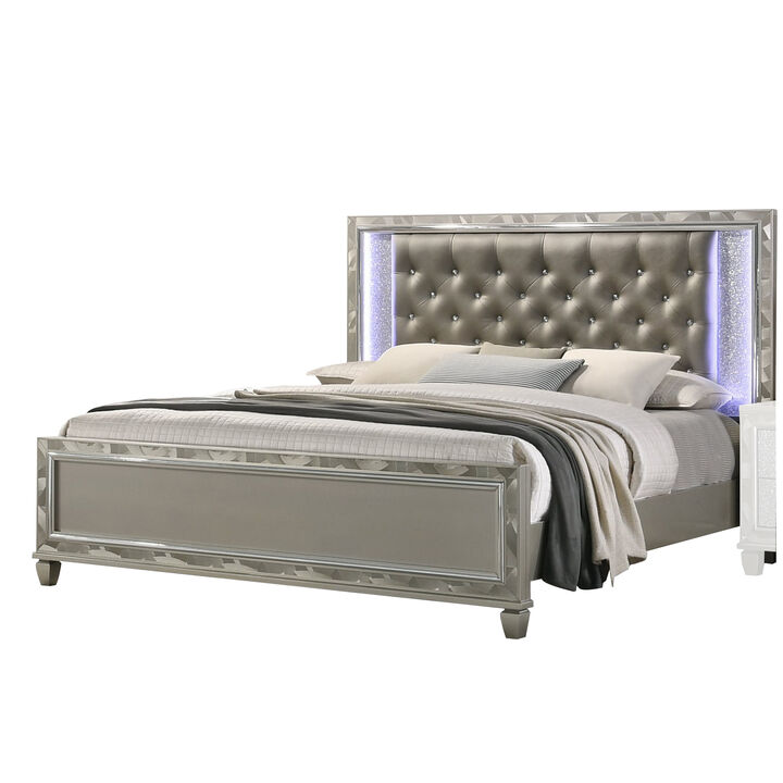 Bet Queen Bed, Silver Faux Leather Upholstery, LED, Crystal Accents, Brown - Benzara