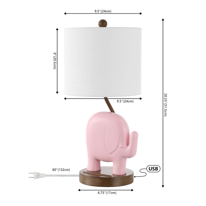 Ellie 20.25" Bohemian Designer Iron/Resin Elephant LED Kids' Table Lamp with Phone Stand and USB Charging Port