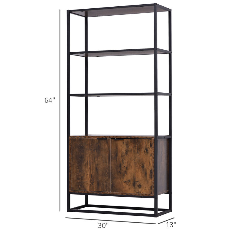 Tall Wooden Rustic 3-Tier Open Space Shelving with Bottom Hutch Storage Unit