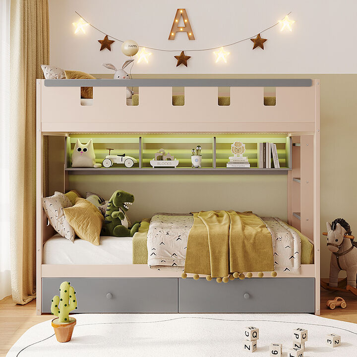 Merax Castle Style Loft Bed with LED Nightlight, Storage Shelves & Under-Bed Drawers