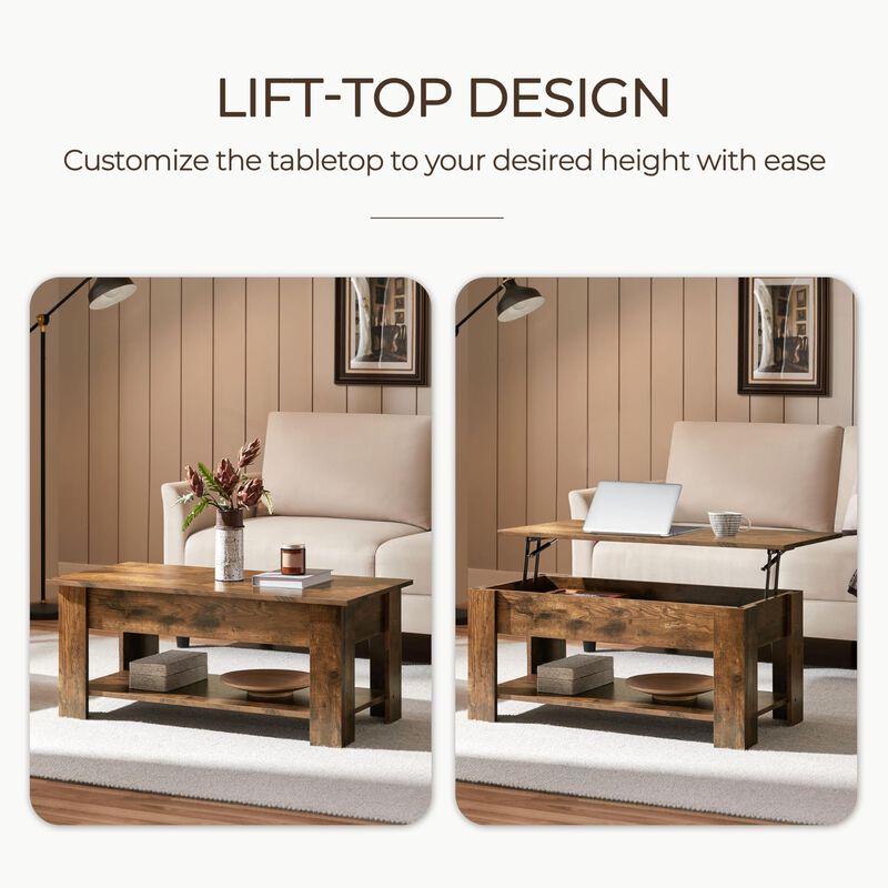 Yaheetech Vintage Coffee Table, Lift Top Coffee Table with Large Hidden Storage Shelf, Lift Tabletop Dining Table for Living Roo