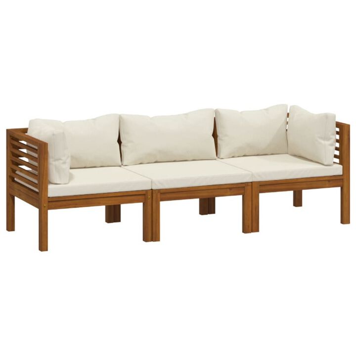 Lina 3pc Outdoor Modular Sofa Set, Brown Acacia Wood, Cream Polyester - Benzara