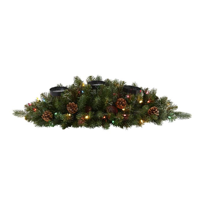 Nearly Natural 30-in Flocked and Glittered Artificial Christmas Triple Candelabrum with 35 Multicolored Lights and Pine Cones