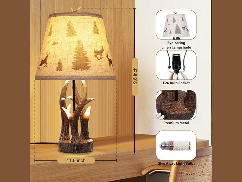 Table Lamp Set &ndash; Rustic Antler Touch Dimmable Dual Light with USB‑C/A Charging image number 2